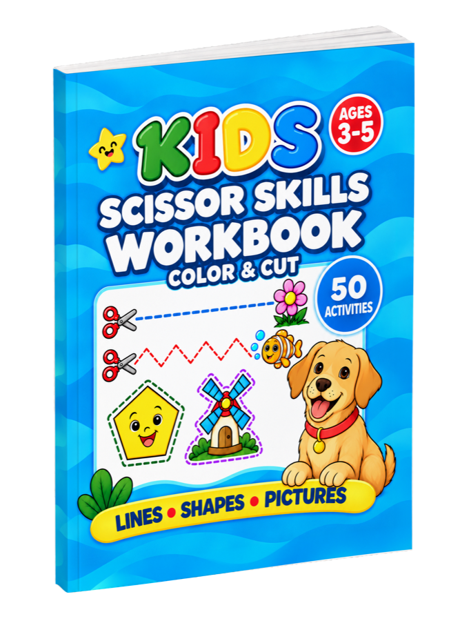 Kids Scissor Skills Workbook shown as a paperback