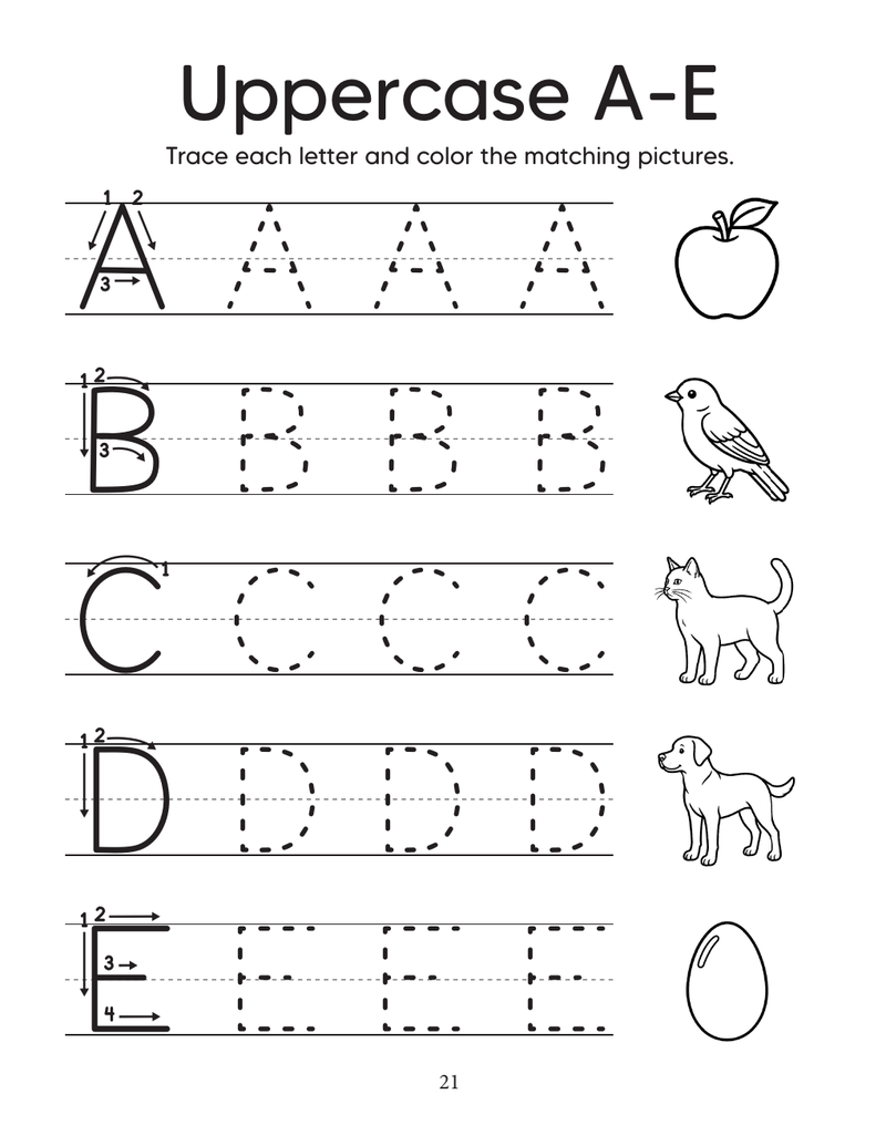 Uppercase A through E letter-tracing worksheet