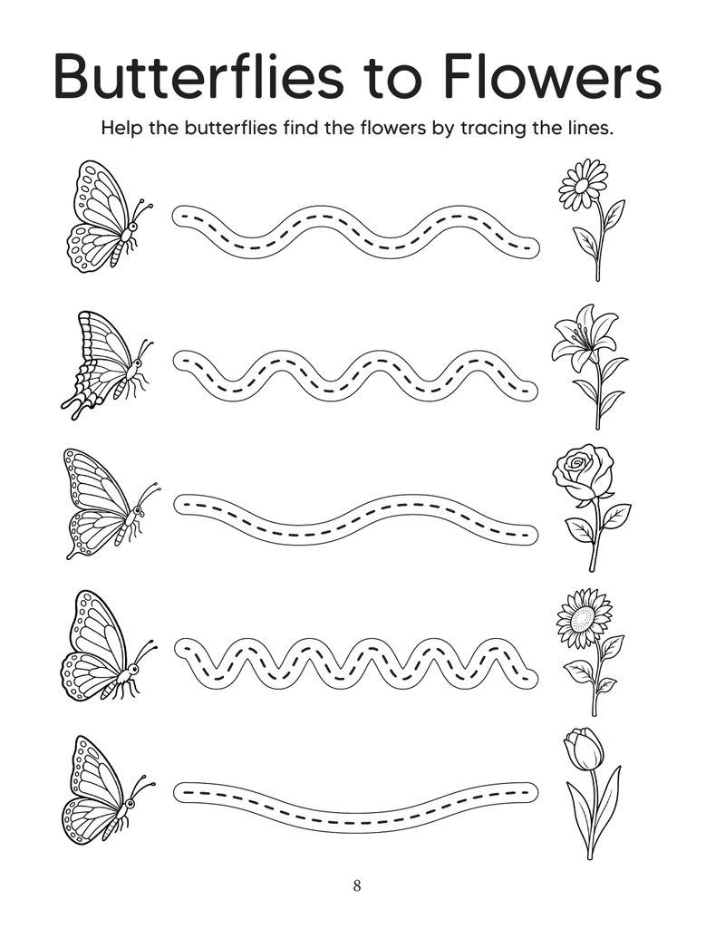 Butterflies to Flowers pencil-control tracing worksheet